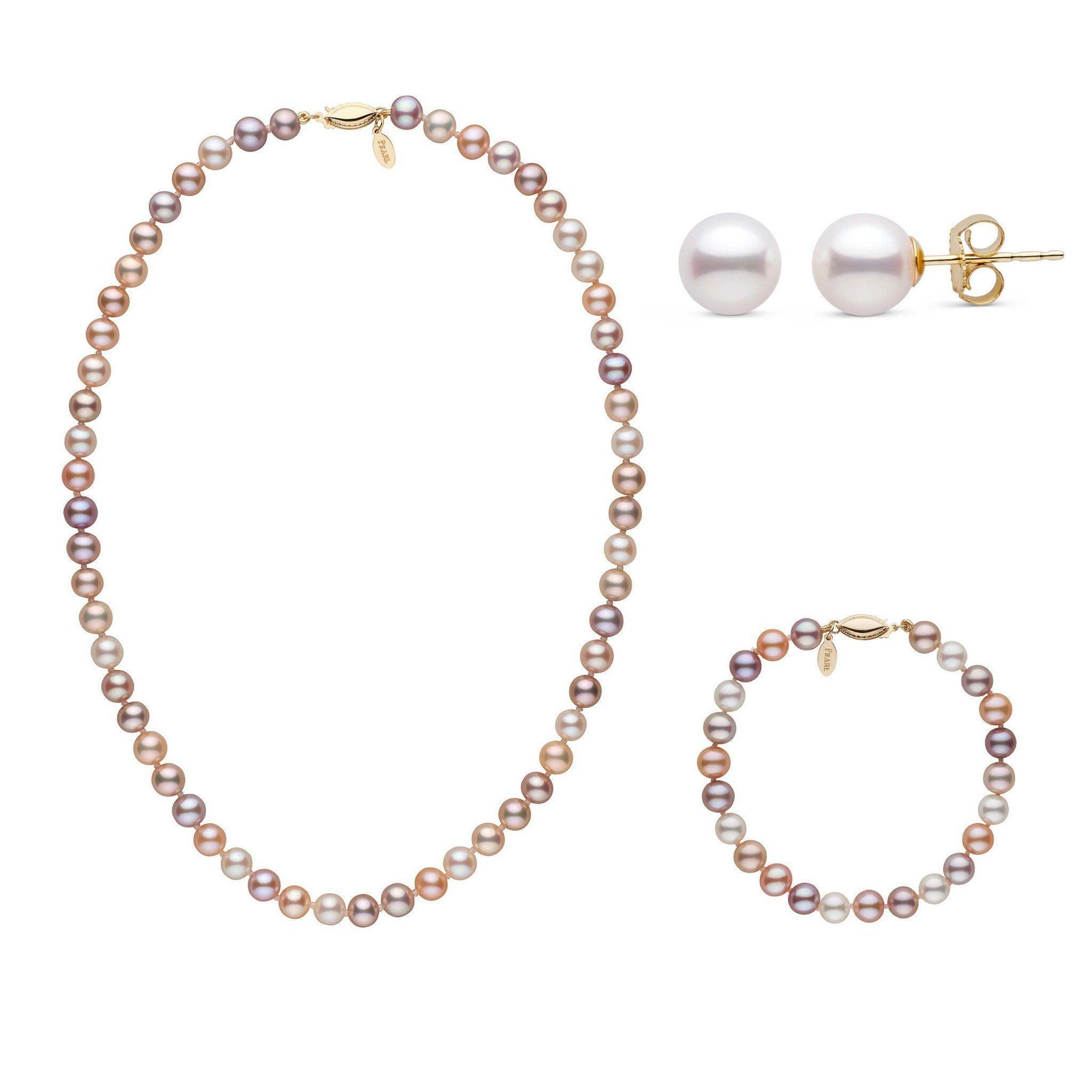 16 Inch 3 Piece Set of 6.5-7.0 mm Freshadama Multicolor Freshwater Pearl yellow gold