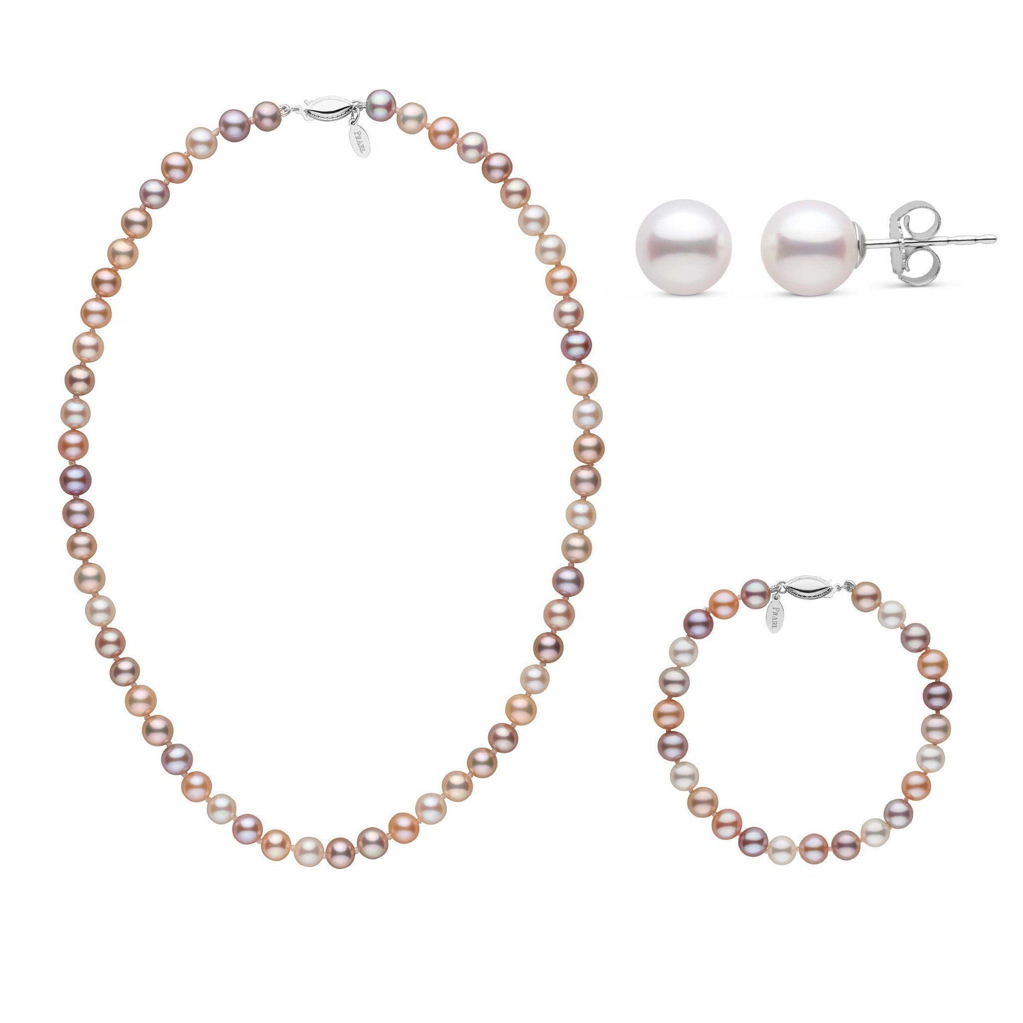 16 Inch 3 Piece Set of 6.5-7.0 mm Freshadama Multicolor Freshwater Pearl white gold