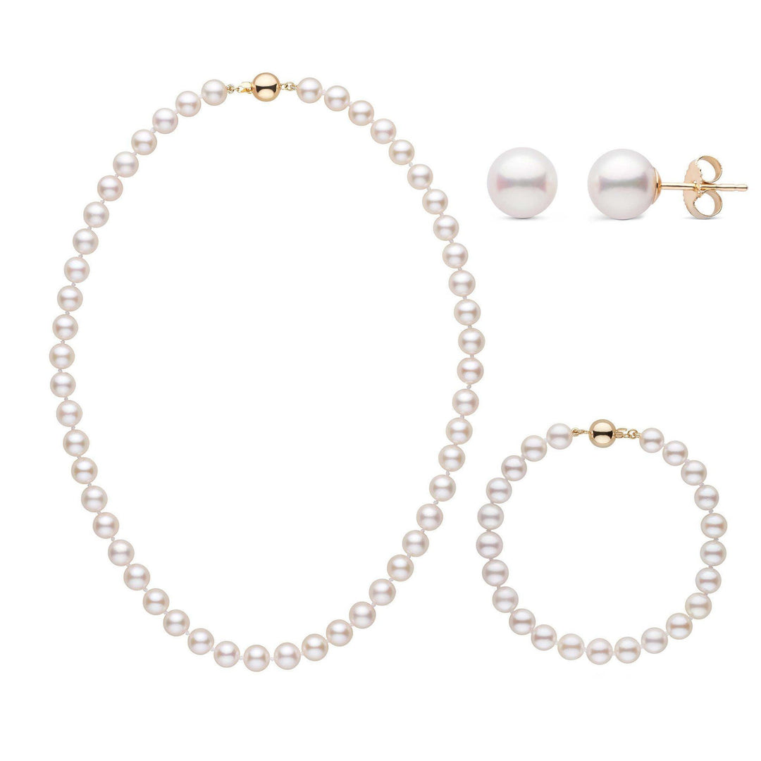 16 Inch 3 Piece Set of 7.0-7.5 mm AA+ White Akoya Pearls yellow Gold