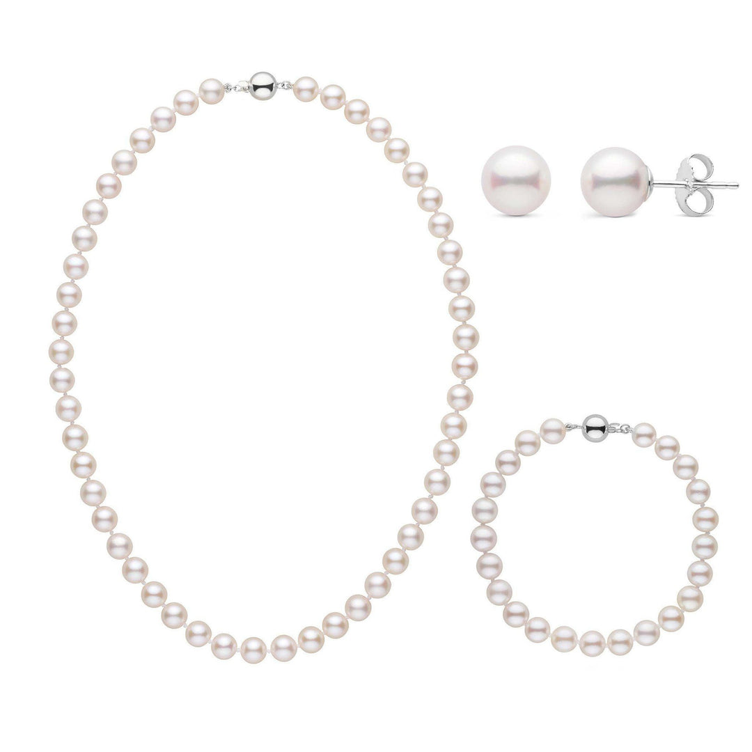 16 Inch 3 Piece Set of 7.0-7.5 mm AA+ White Akoya Pearls White Gold