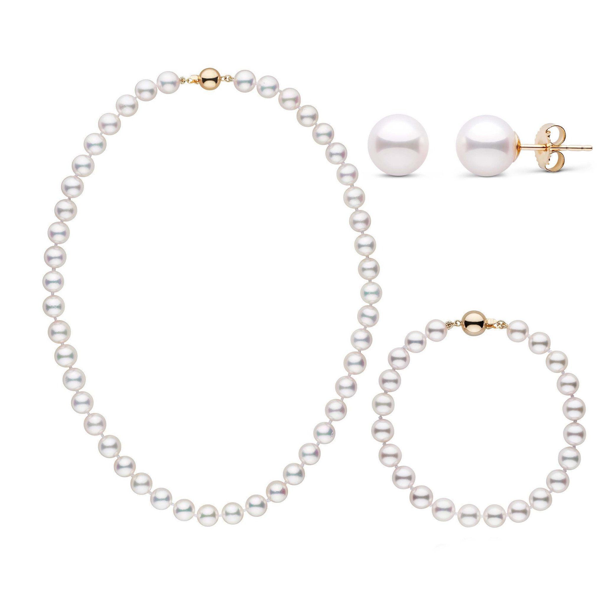 16 Inch 3 Piece Set of 7.0-7.5 mm AAA White Akoya Pearls Yellow Gold