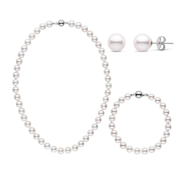 16 Inch 3 Piece Set of 7.0-7.5 mm AAA White Akoya Pearls White Gold