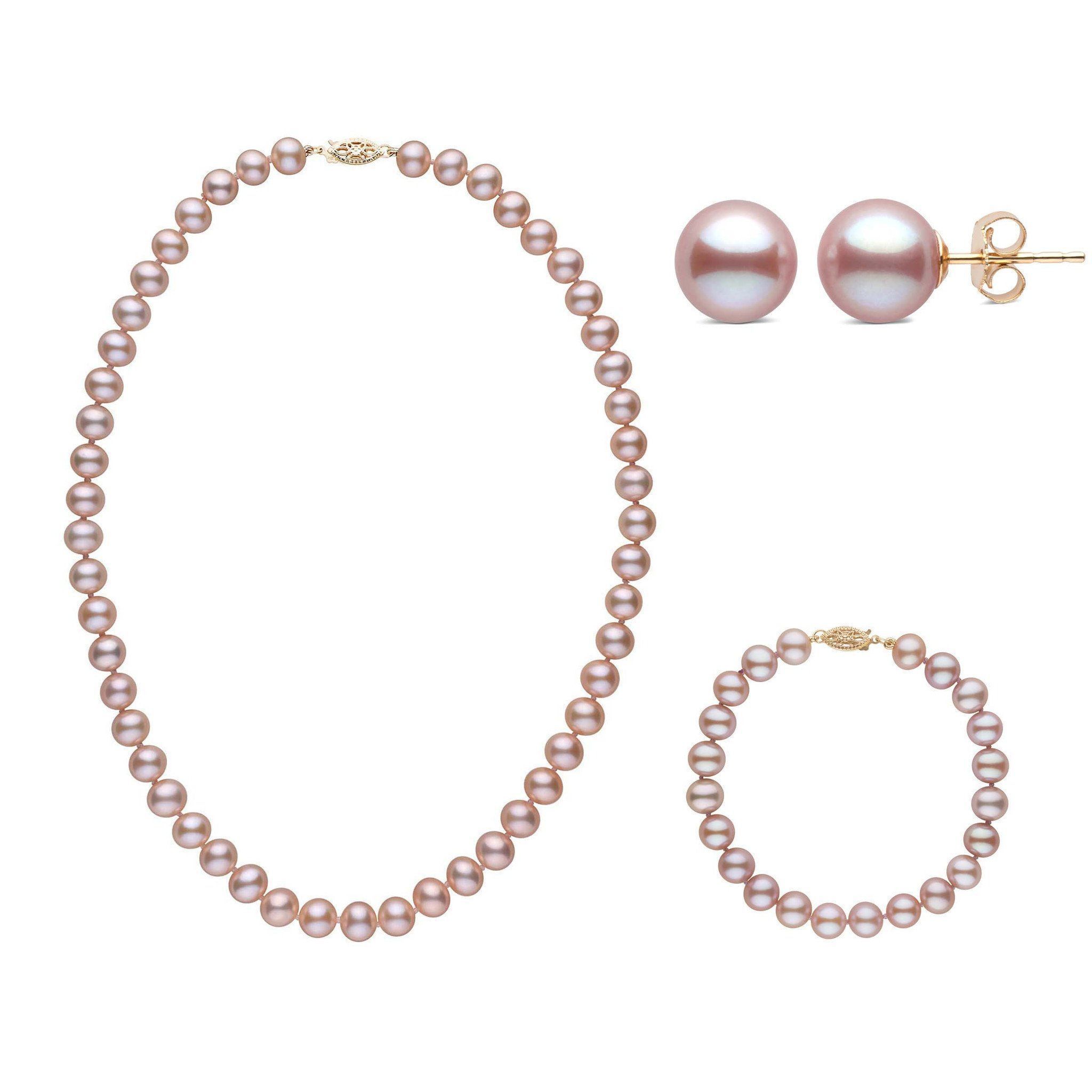 16 Inch 3 Piece Set of 7.5-8.0 mm AA+ Lavender Freshwater Pearls yellow gold