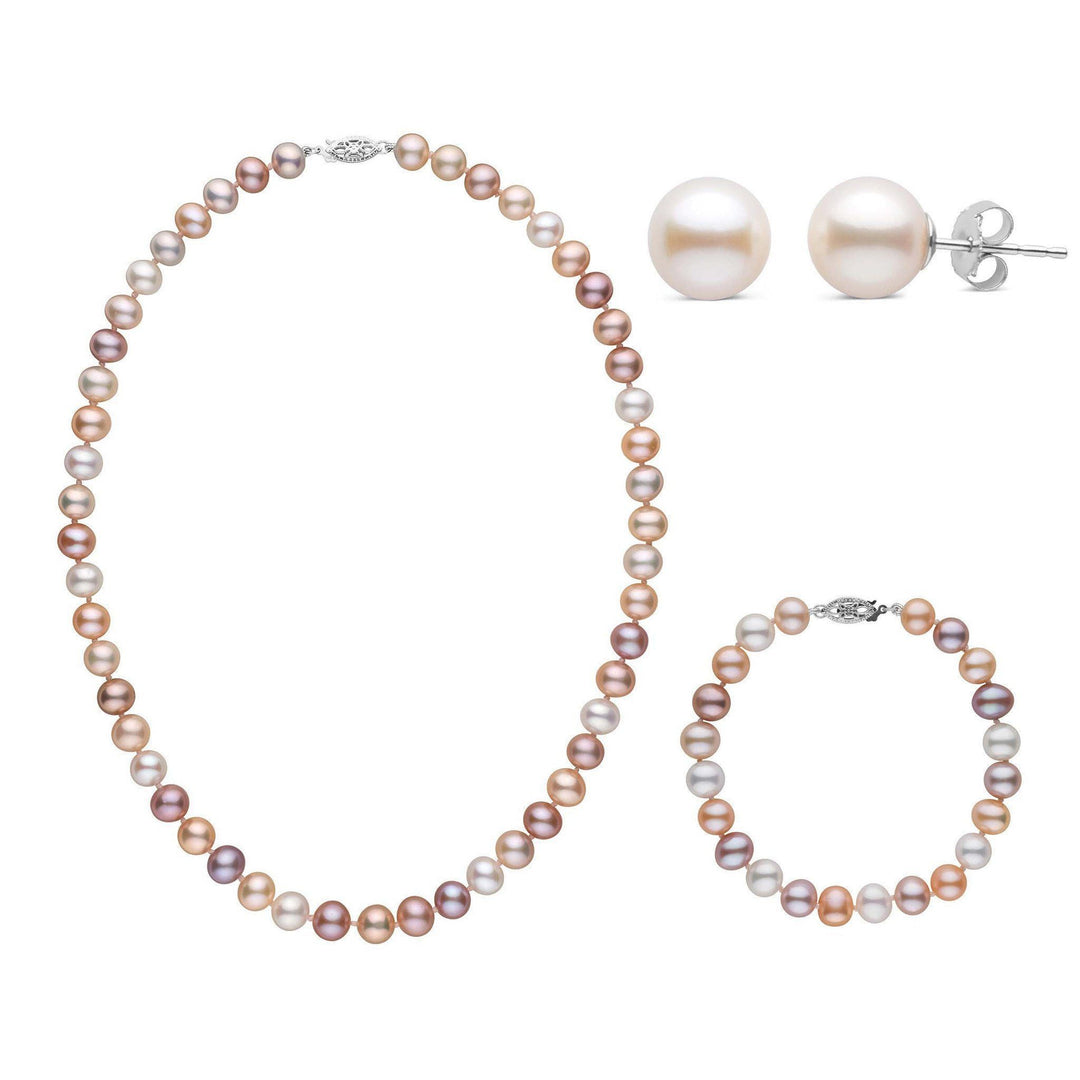 16 Inch 3 Piece Set of 7.5-8.0 mm AA+ Multicolor Freshwater Pearls white gold