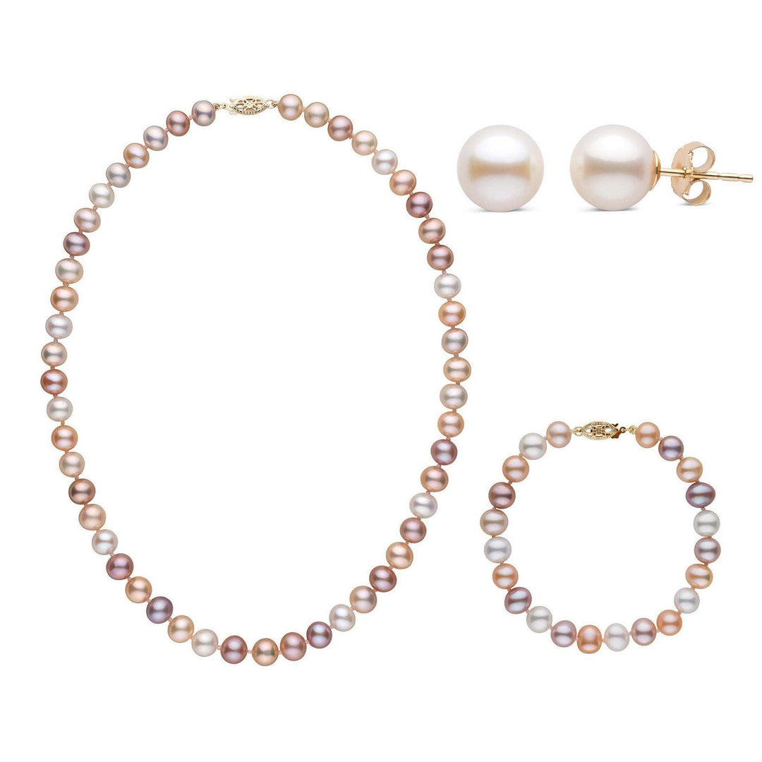 16 Inch 3 Piece Set of 7.5-8.0 mm AA+ Multicolor Freshwater Pearls yellow gold
