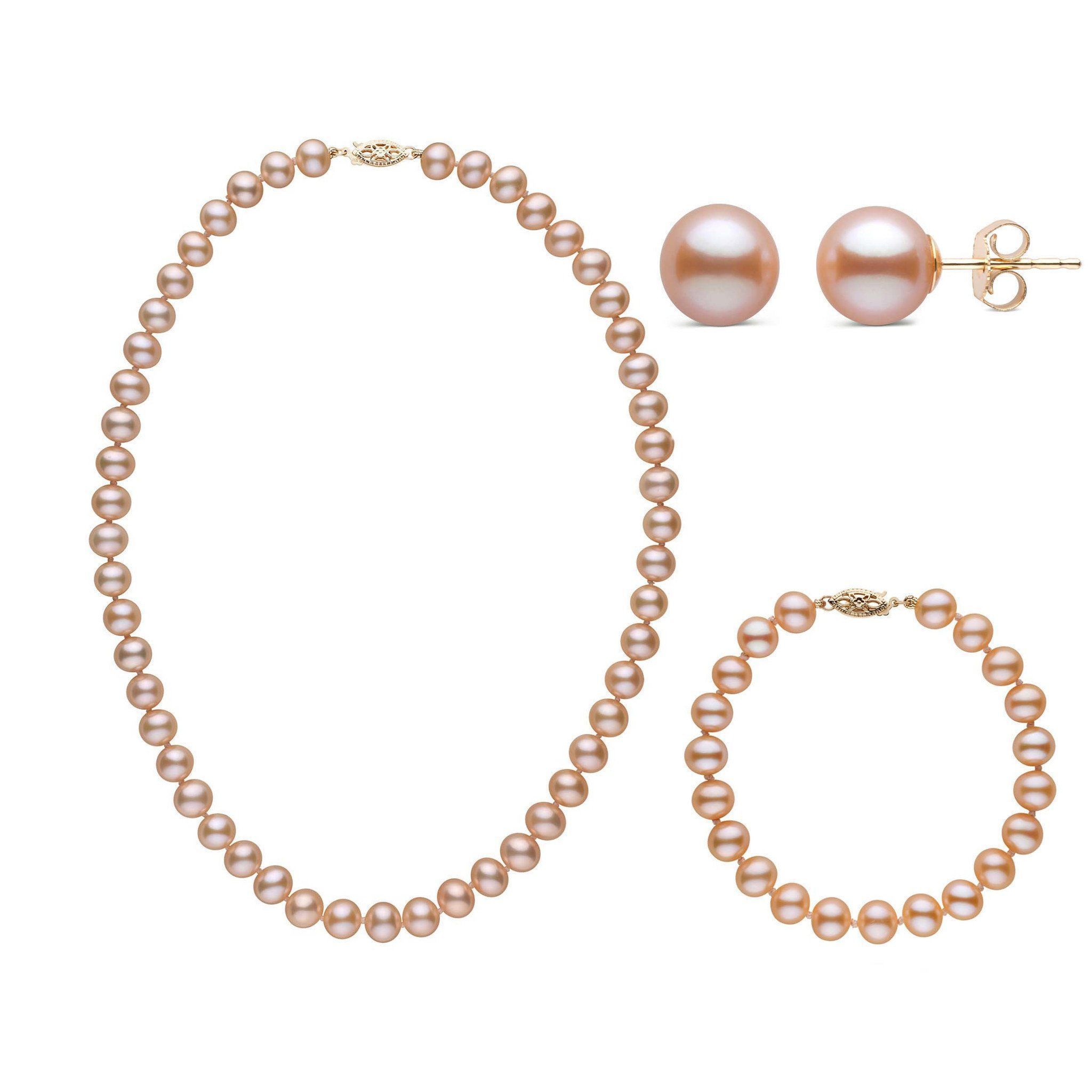 16 Inch 3 Piece Set of 7.5-8.0 mm AA+ Pink Freshwater Pearls yellow gold