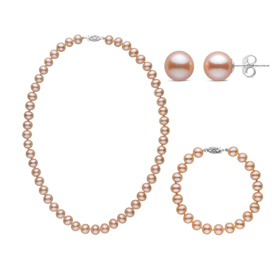 16 Inch 3 Piece Set of 7.5-8.0 mm AA+ Pink Freshwater Pearls white gold