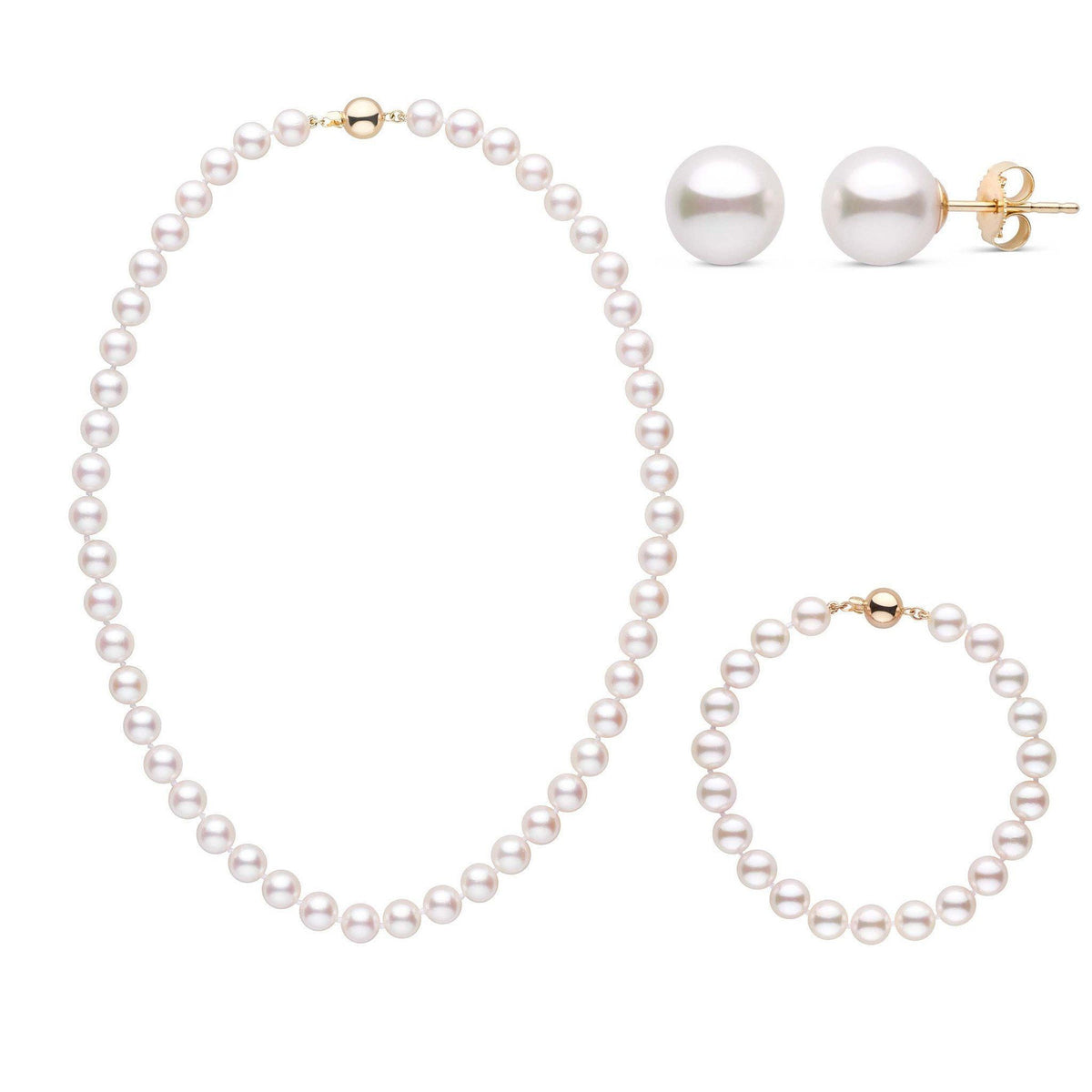 16 Inch 3 Piece Set of 7.5-8.0 mm AA+ White Akoya Pearl Yellow Gold Clasps