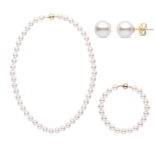 16 Inch 3 Piece Set of 7.5-8.0 mm AA+ White Akoya Pearl Yellow Gold Clasps
