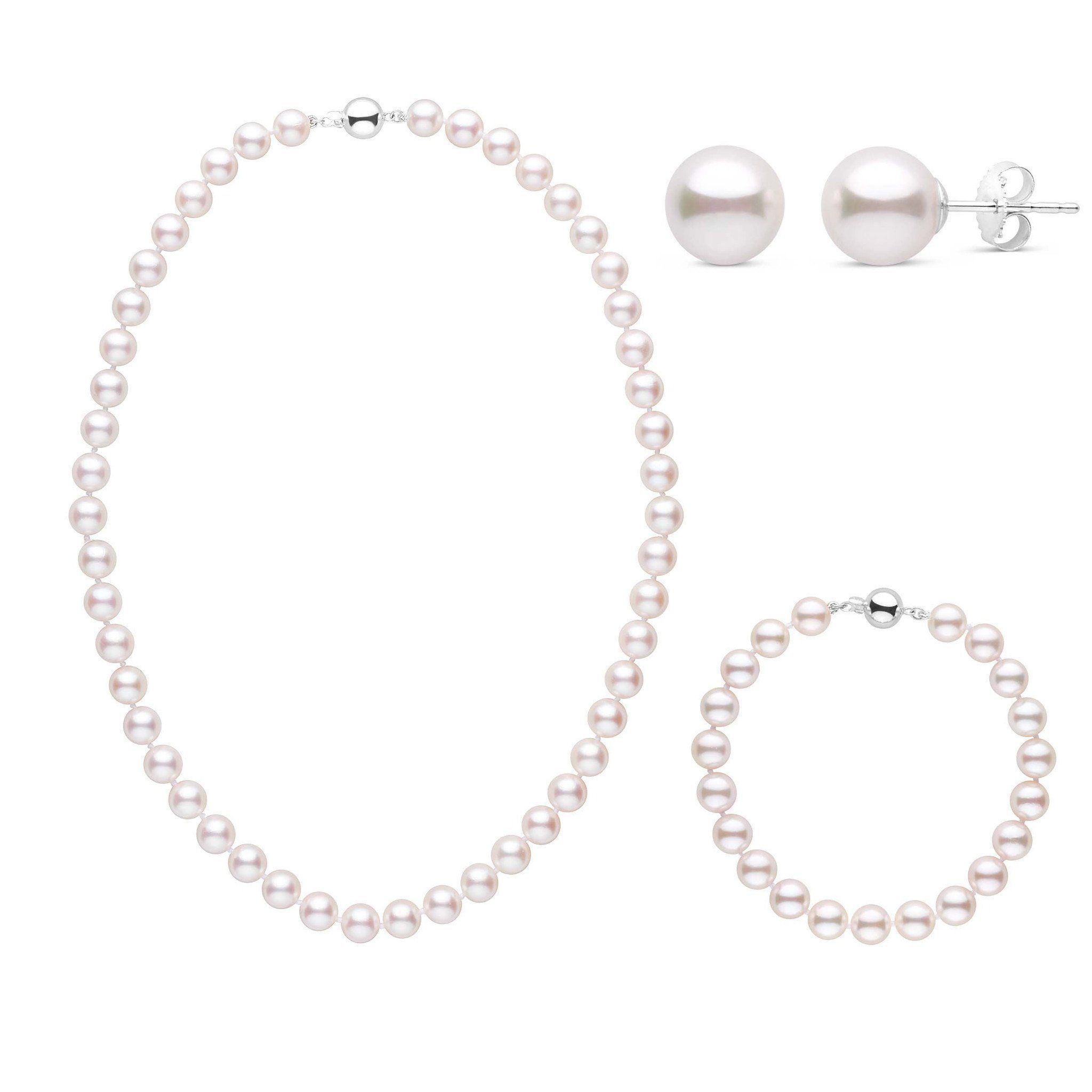 16 Inch 3 Piece Set of 7.5-8.0 mm AA+ White Akoya Pearl White Gold