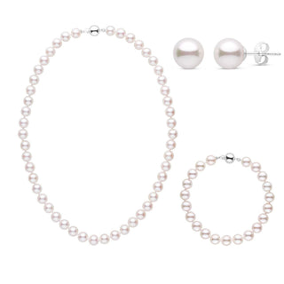 16 Inch 3 Piece Set of 7.5-8.0 mm AA+ White Akoya Pearl White Gold