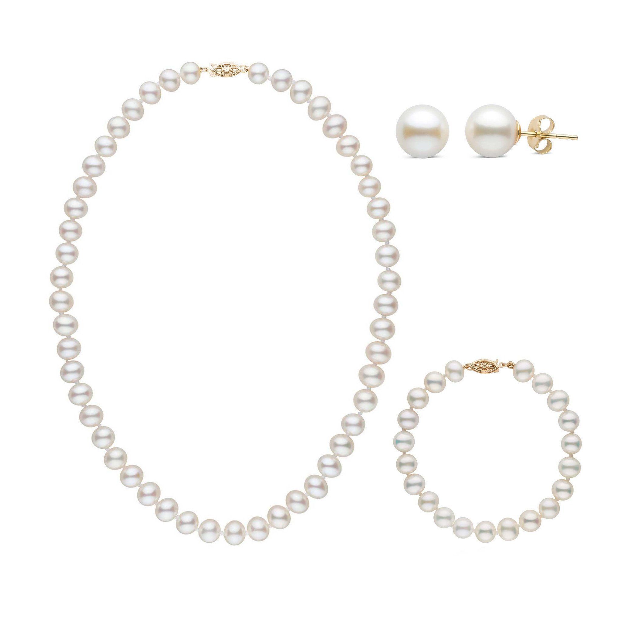 16 Inch 3 Piece Set of 7.5-8.0 mm AA+ White Freshwater Pearls yellow gold