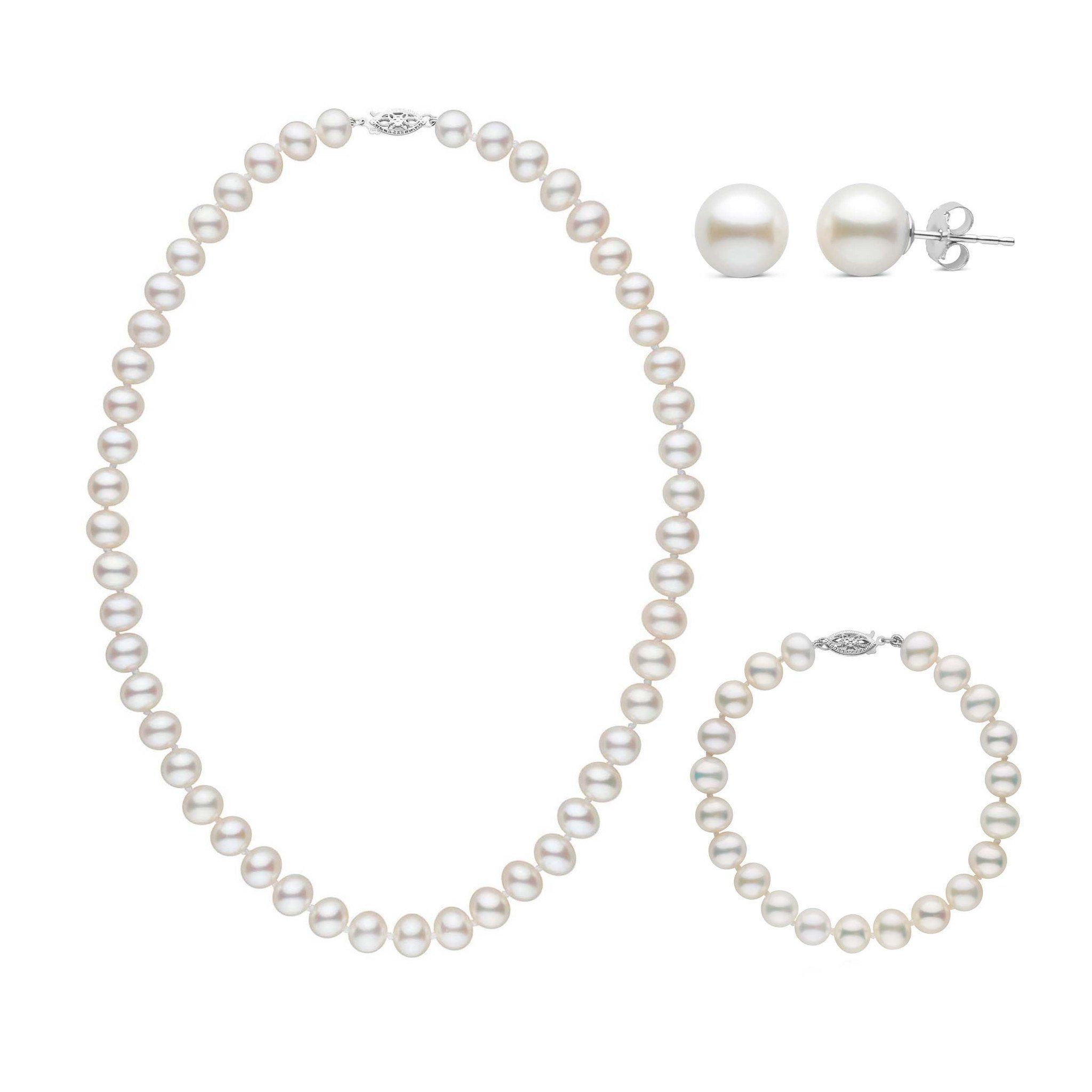 16 Inch 3 Piece Set of 7.5-8.0 mm AA+ White Freshwater Pearls white gold