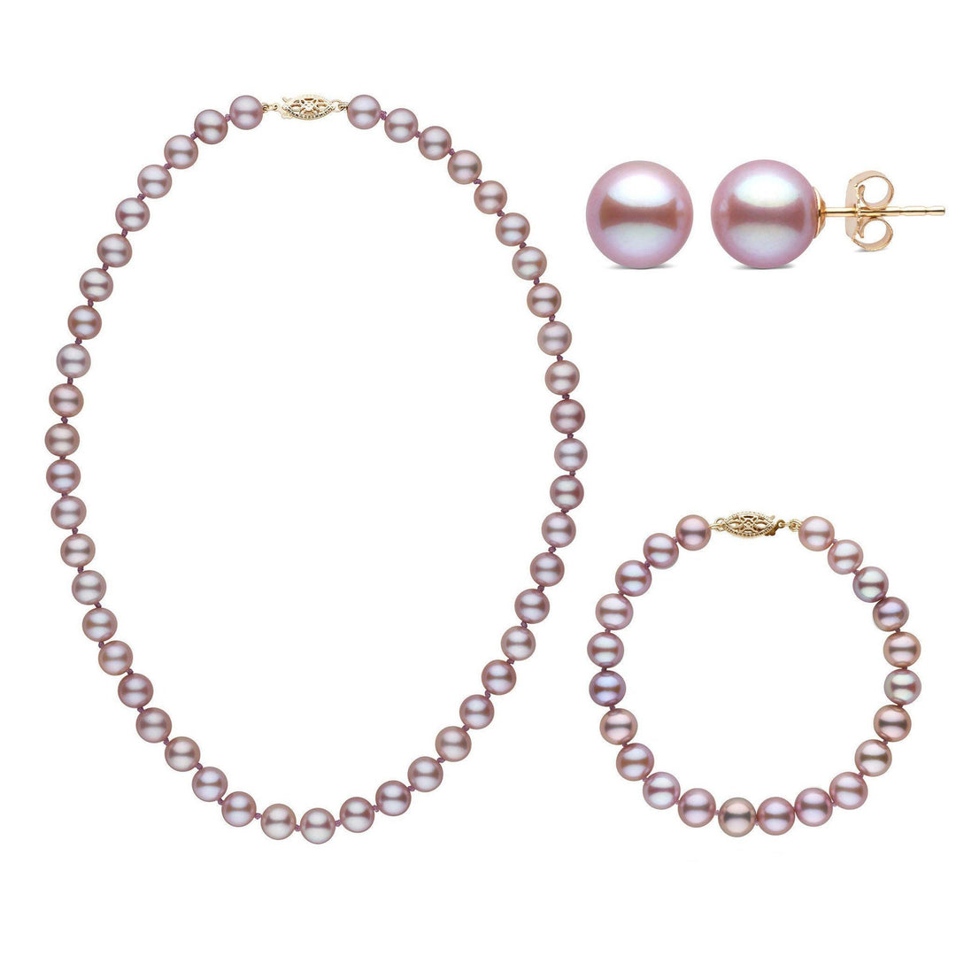 16 Inch 3 Piece Set of 7.5-8.0 mm AAA Lavender Freshwater Pearls yellow gold