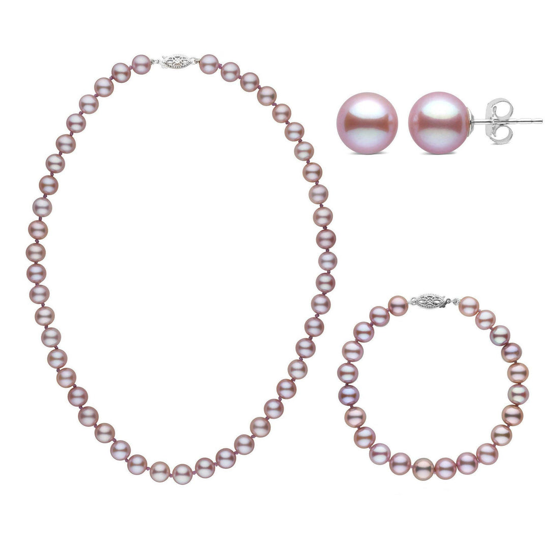 16 Inch 3 Piece Set of 7.5-8.0 mm AAA Lavender Freshwater Pearls white gold