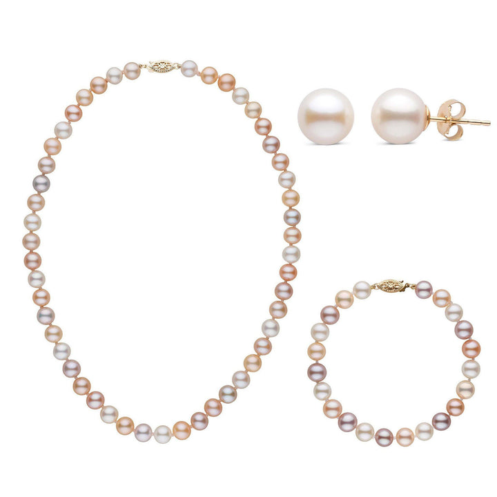 16 Inch 3 Piece Set of 7.5-8.0 mm AAA Multicolor Freshwater Pearls yellow gold