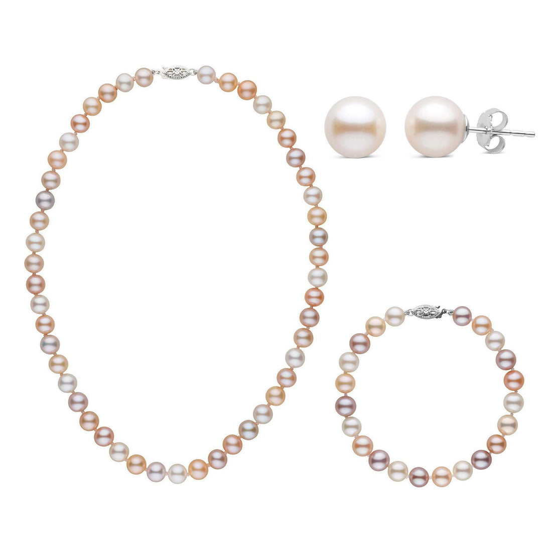 16 Inch 3 Piece Set of 7.5-8.0 mm AAA Multicolor Freshwater Pearls white gold