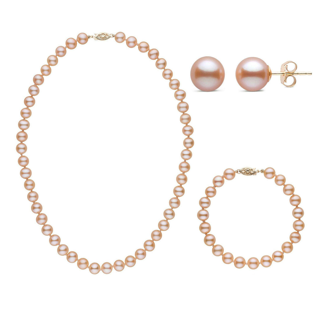16 Inch 3 Piece Set of 7.5-8.0 mm AAA Pink Freshwater Pearls yellow gold