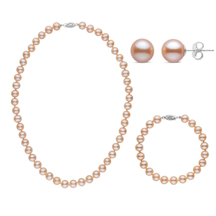 16 Inch 3 Piece Set of 7.5-8.0 mm AAA Pink Freshwater Pearls white gold
