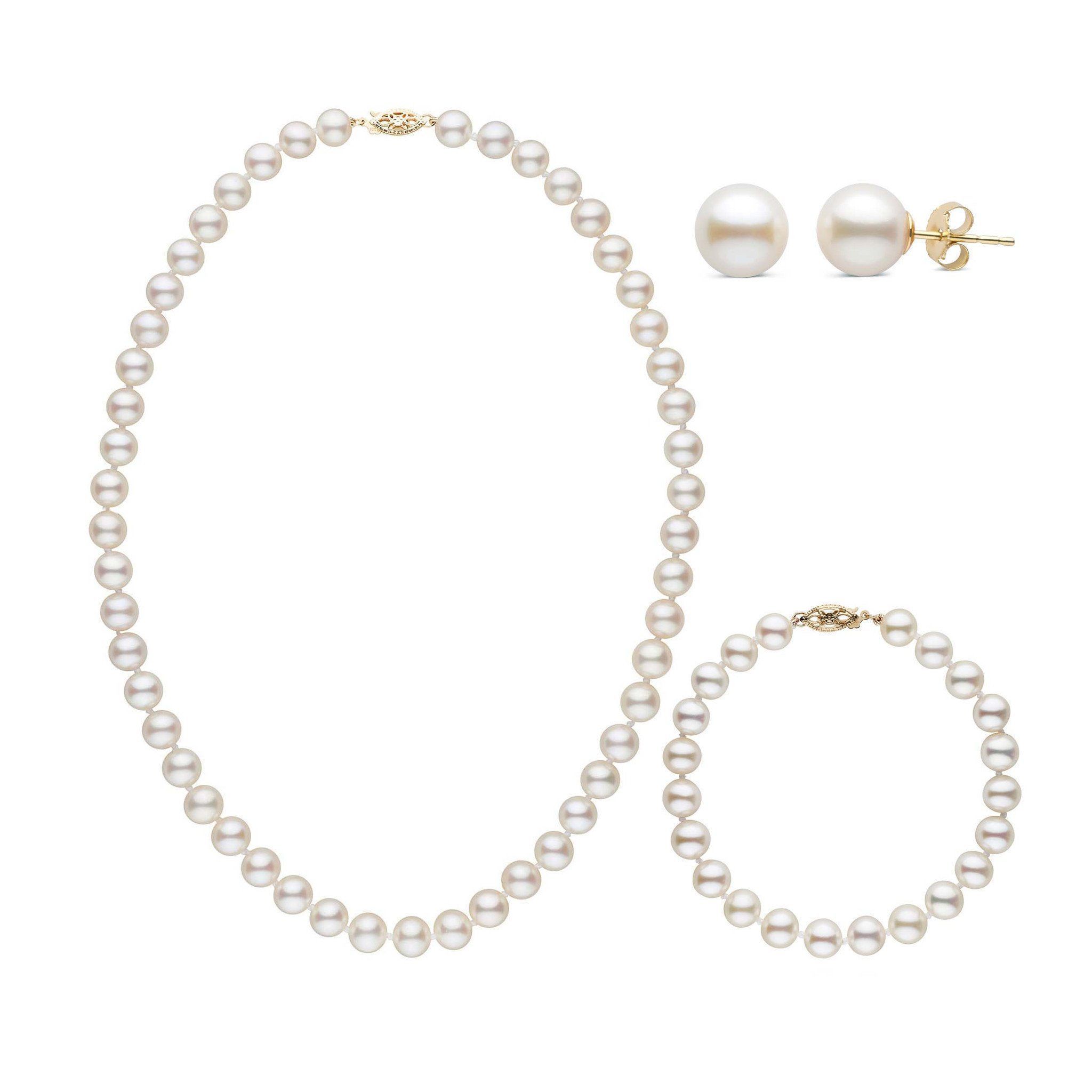 16 Inch 3 Piece Set of 7.5-8.0 mm AAA White Freshwater Pearls yellow gold