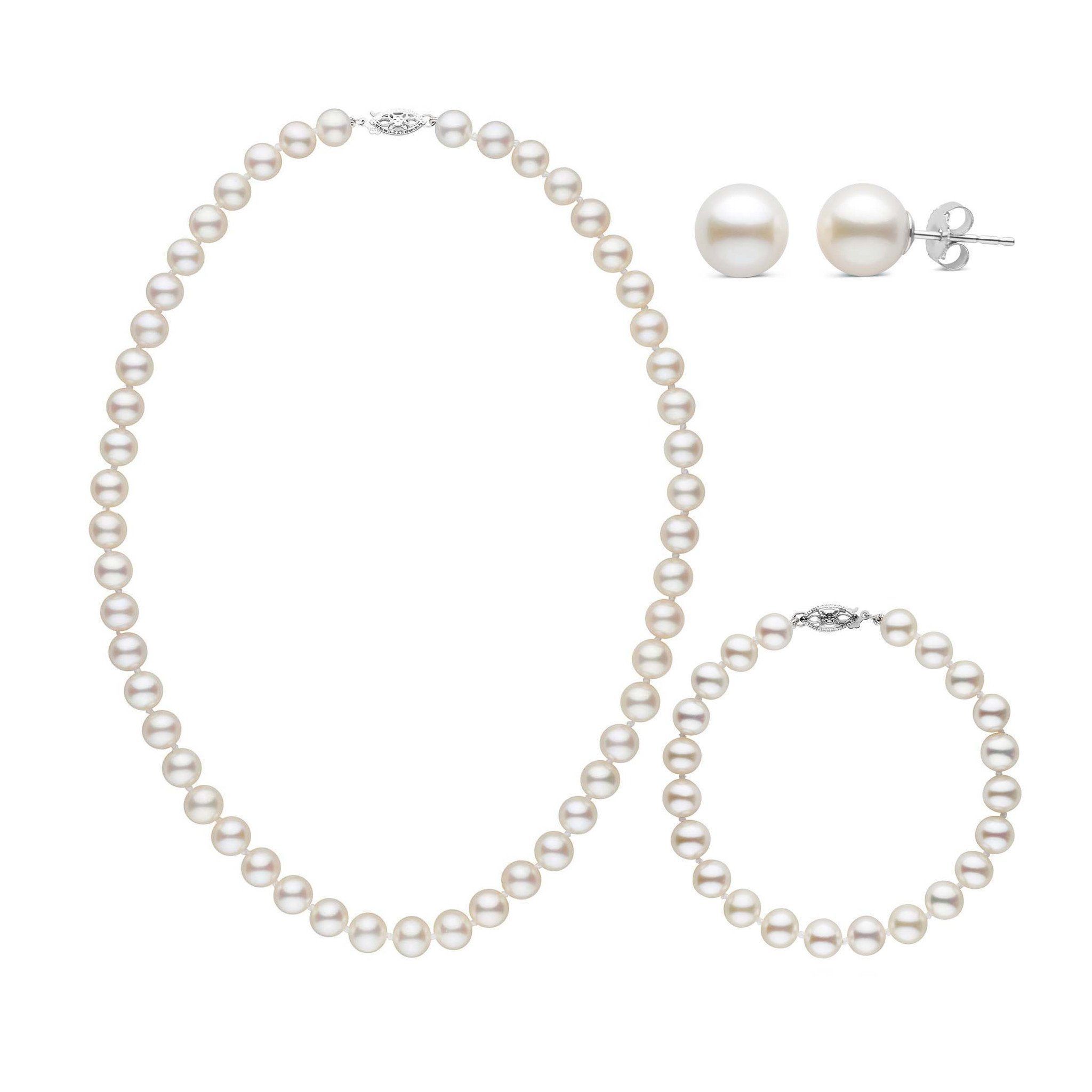 16 Inch 3 Piece Set of 7.5-8.0 mm AAA White Freshwater Pearls white gold