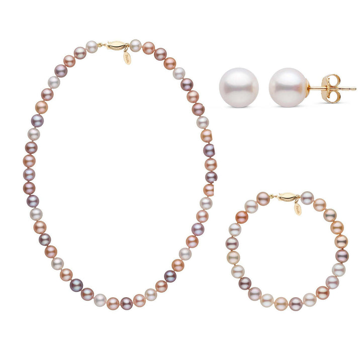 16 Inch 3 Piece Set of 7.5-8.0 mm Freshadama Multicolor Freshwater Pearl yellow gold
