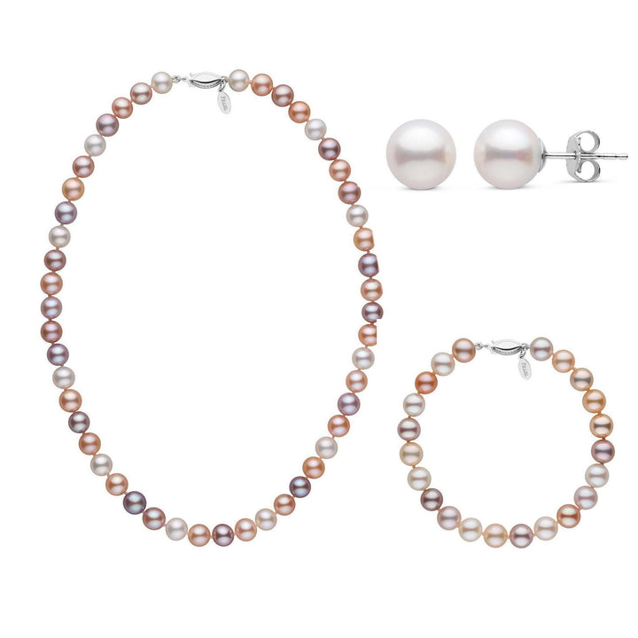 16 Inch 3 Piece Set of 7.5-8.0 mm Freshadama Multicolor Freshwater Pearl white gold