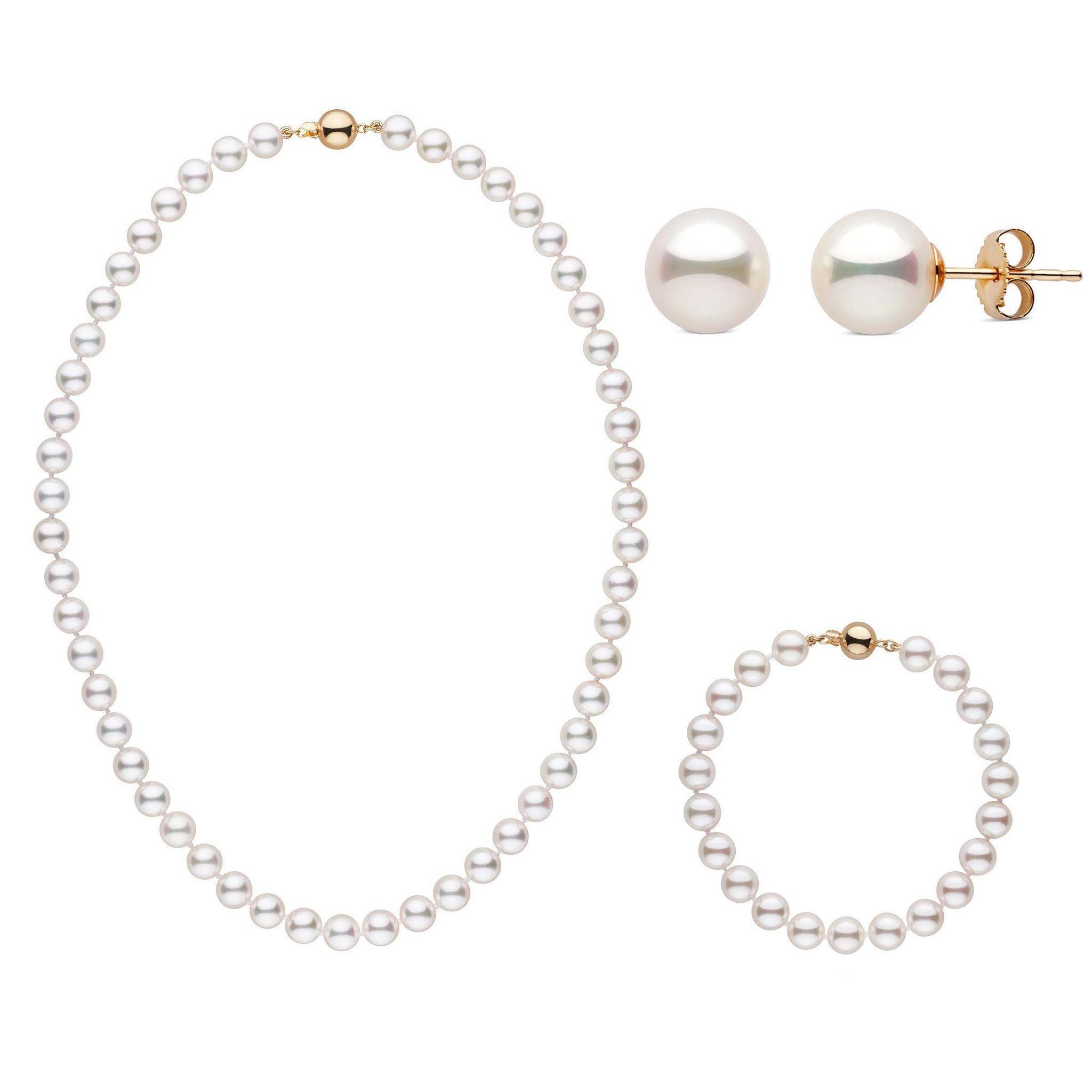 16 Inch 3 Piece Set of 7.5-8.0 mm AAA White Akoya Pearls Yellow Gold
