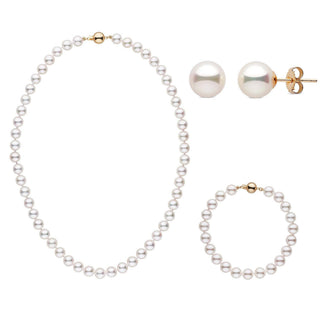 3-Piece Set of 7.5-8.0 mm AAA White Akoya Pearls Yellow Gold