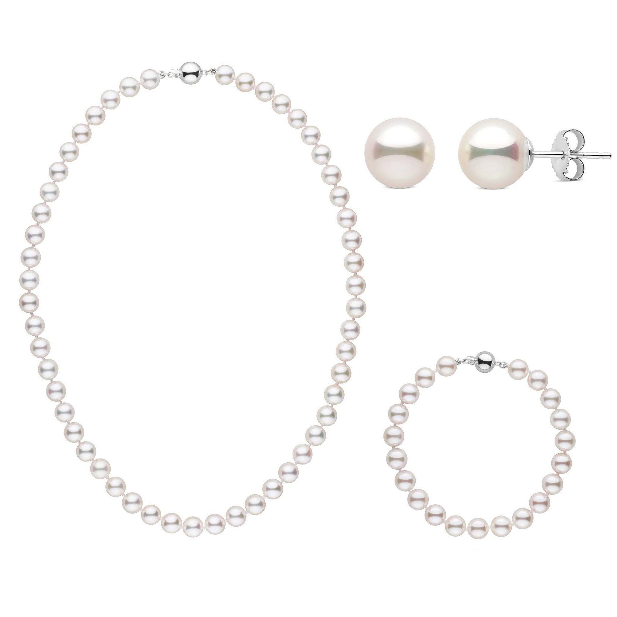 16 Inch 3 Piece Set of 7.5-8.0 mm AAA White Akoya Pearls White Gold