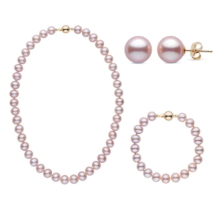 16 Inch 3 Piece Set of 8.5-9.0 mm AA+ Lavender Freshwater Pearls yellow gold