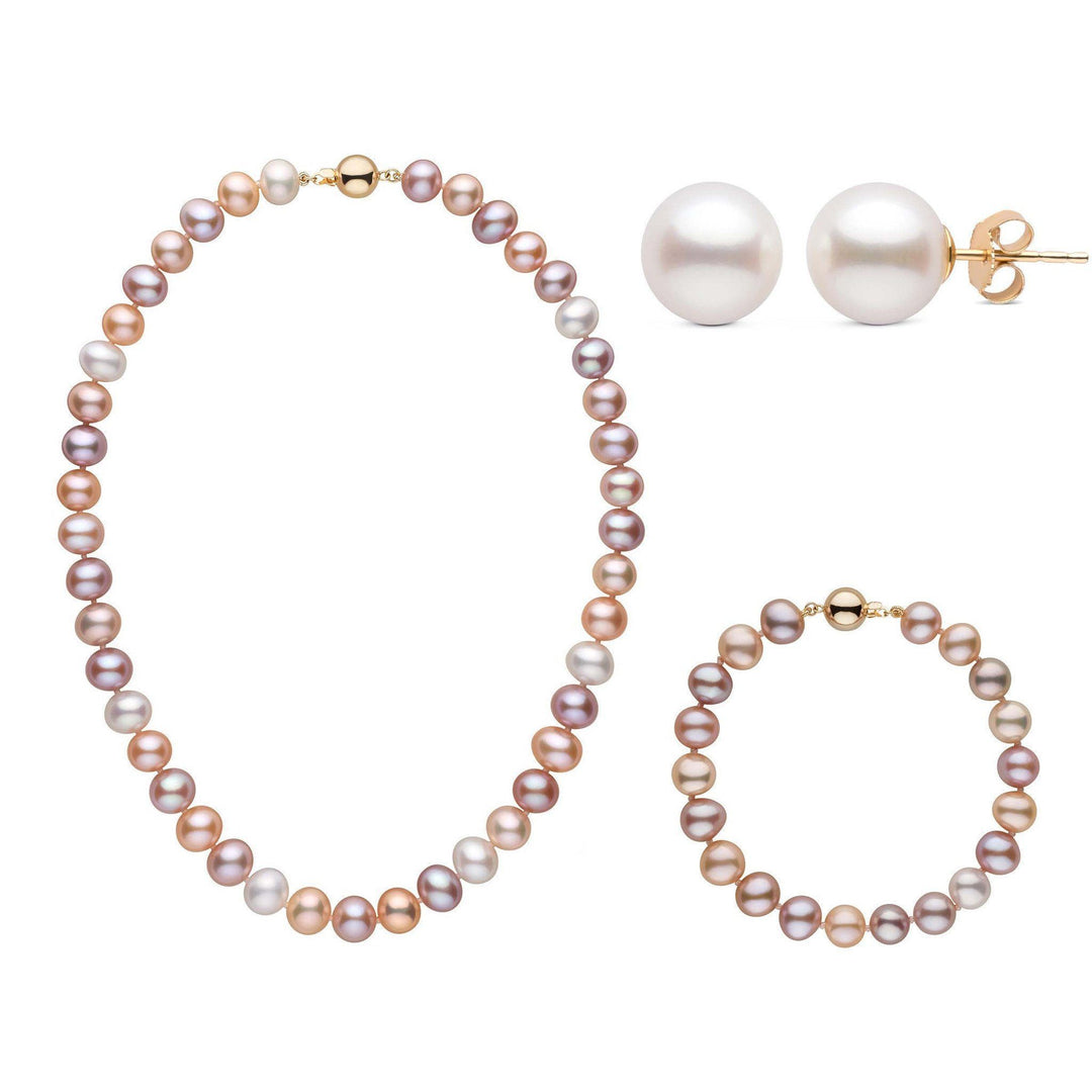 16 Inch 3 Piece Set of 8.5-9.0 mm AA+ Multicolor Freshwater Pearls yellow gold