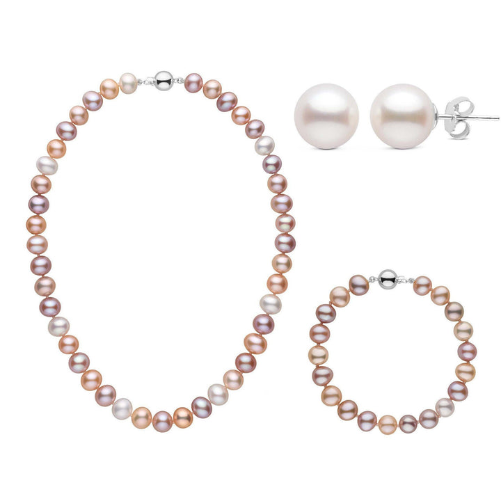 16 Inch 3 Piece Set of 8.5-9.0 mm AA+ Multicolor Freshwater Pearls white gold