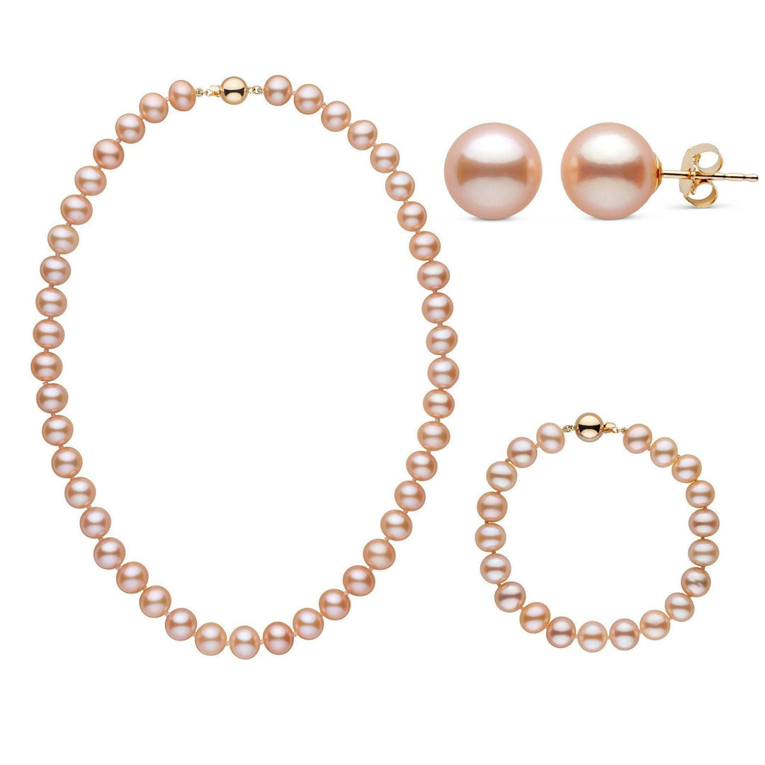 16 Inch 3 Piece Set of 8.5-9.0 mm AA+ Pink Freshwater Pearls  yellow gold