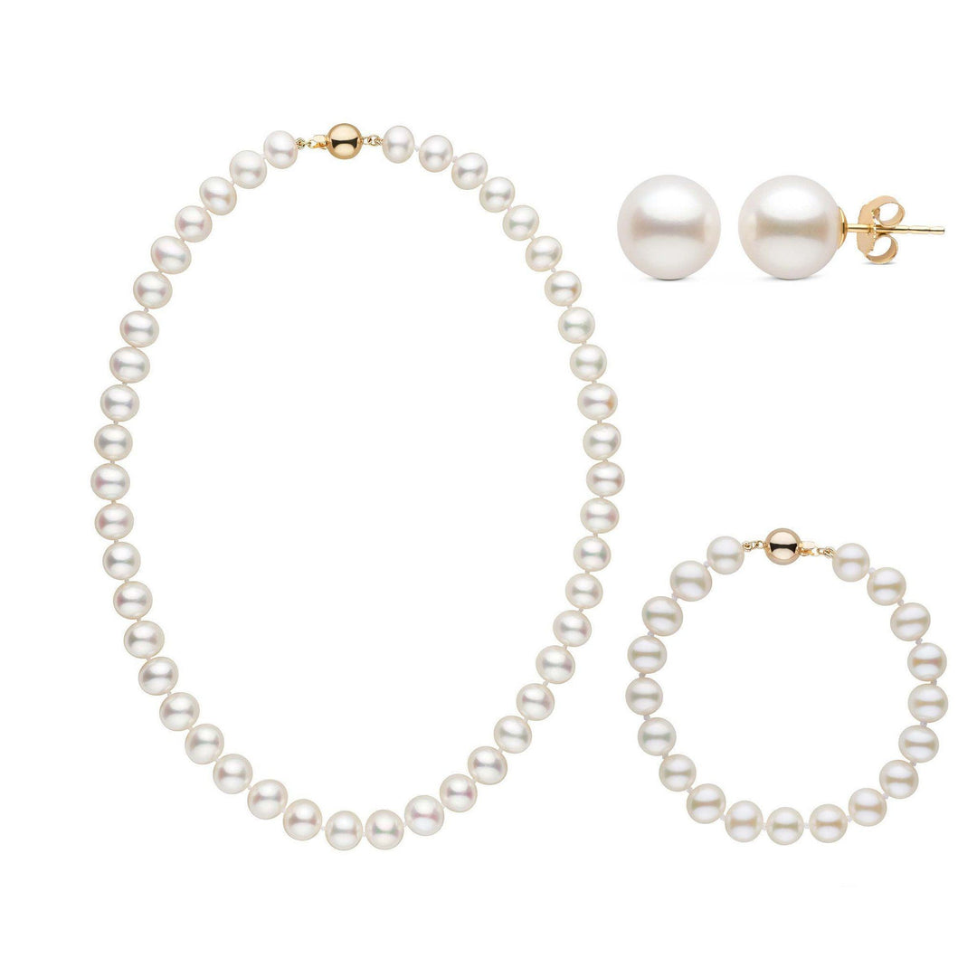 16 Inch 3 Piece Set of 8.5-9.0 mm AA+ White Freshwater Pearls yellow gold