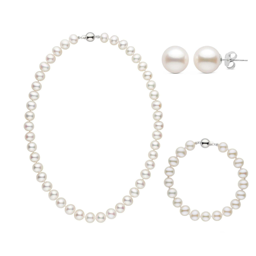16 Inch 3 Piece Set of 8.5-9.0 mm AA+ White Freshwater Pearls white gold