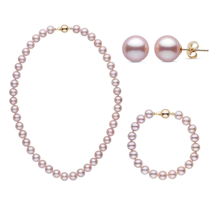 16 Inch 3 Piece Set of 8.5-9.0 mm AAA Lavender Freshwater Pearls yellow gold