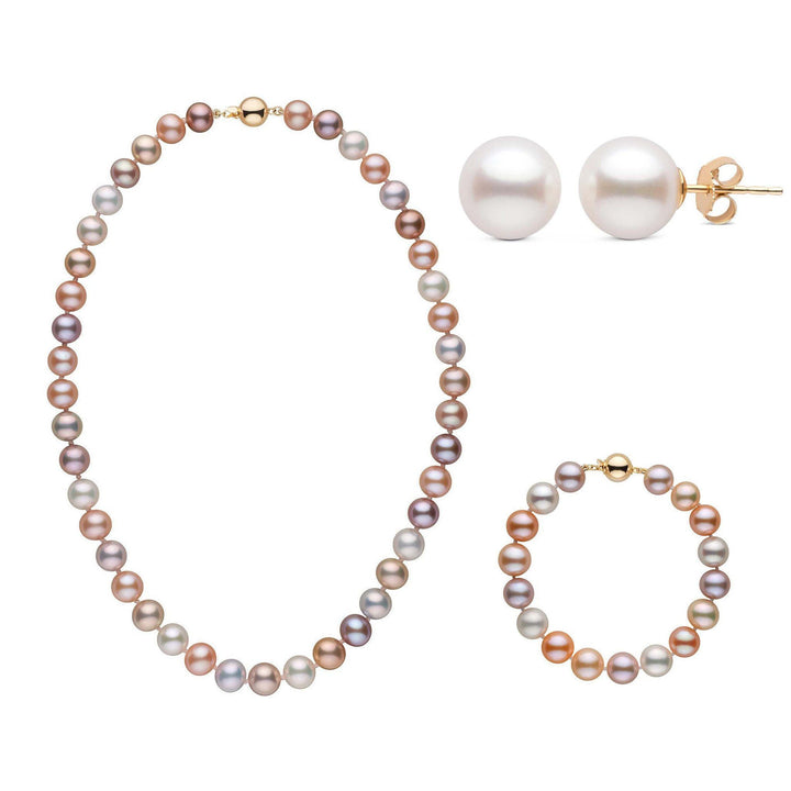 16 Inch 3 Piece Set of 8.5-9.0 mm AAA Multicolor Freshwater Pearls yellow gold