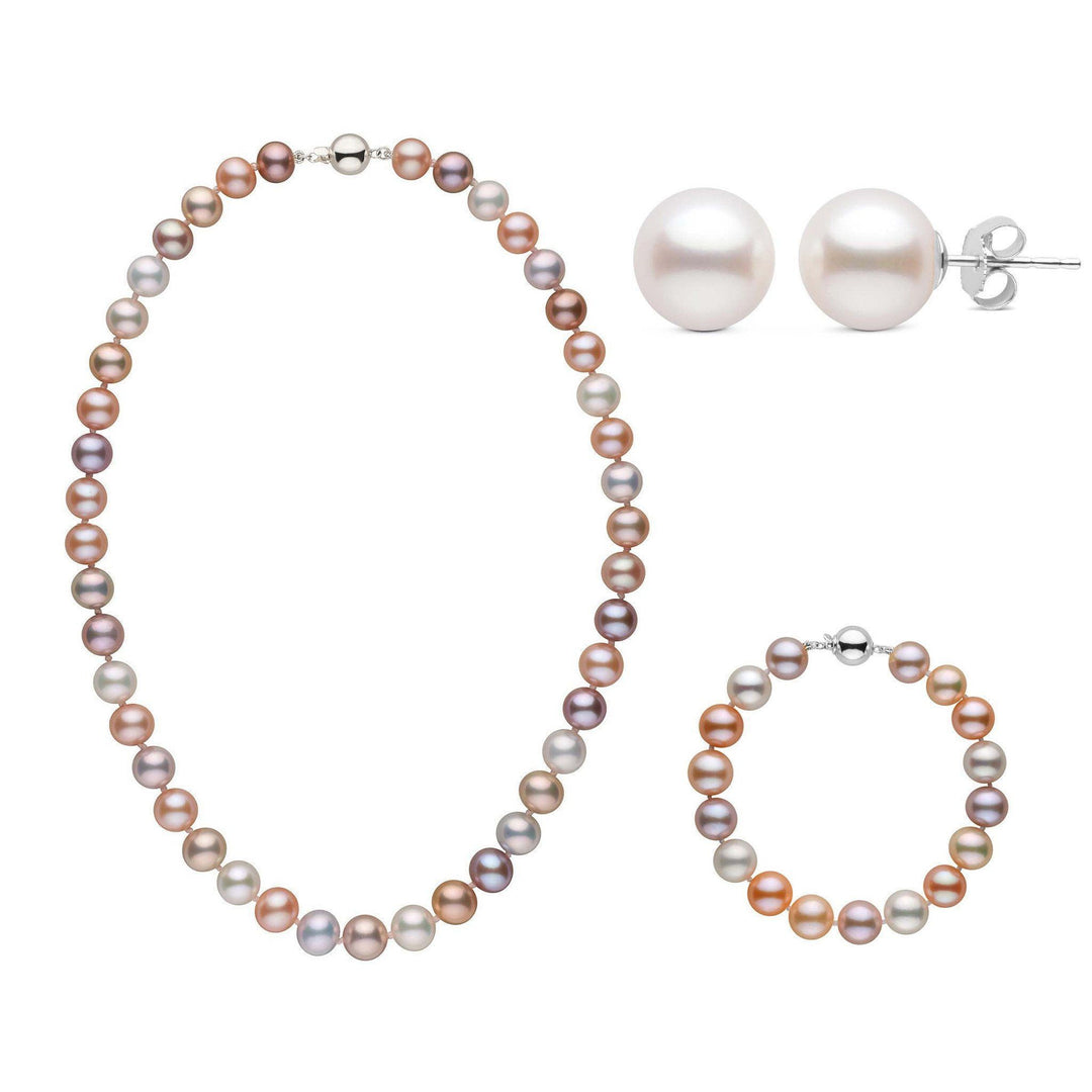 16 Inch 3 Piece Set of 8.5-9.0 mm AAA Multicolor Freshwater Pearls white gold