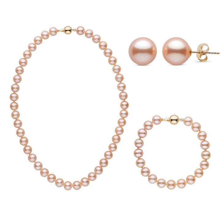 16 Inch 3 Piece Set of 8.5-9.0 mm AAA Pink Freshwater Pearls yellow gold