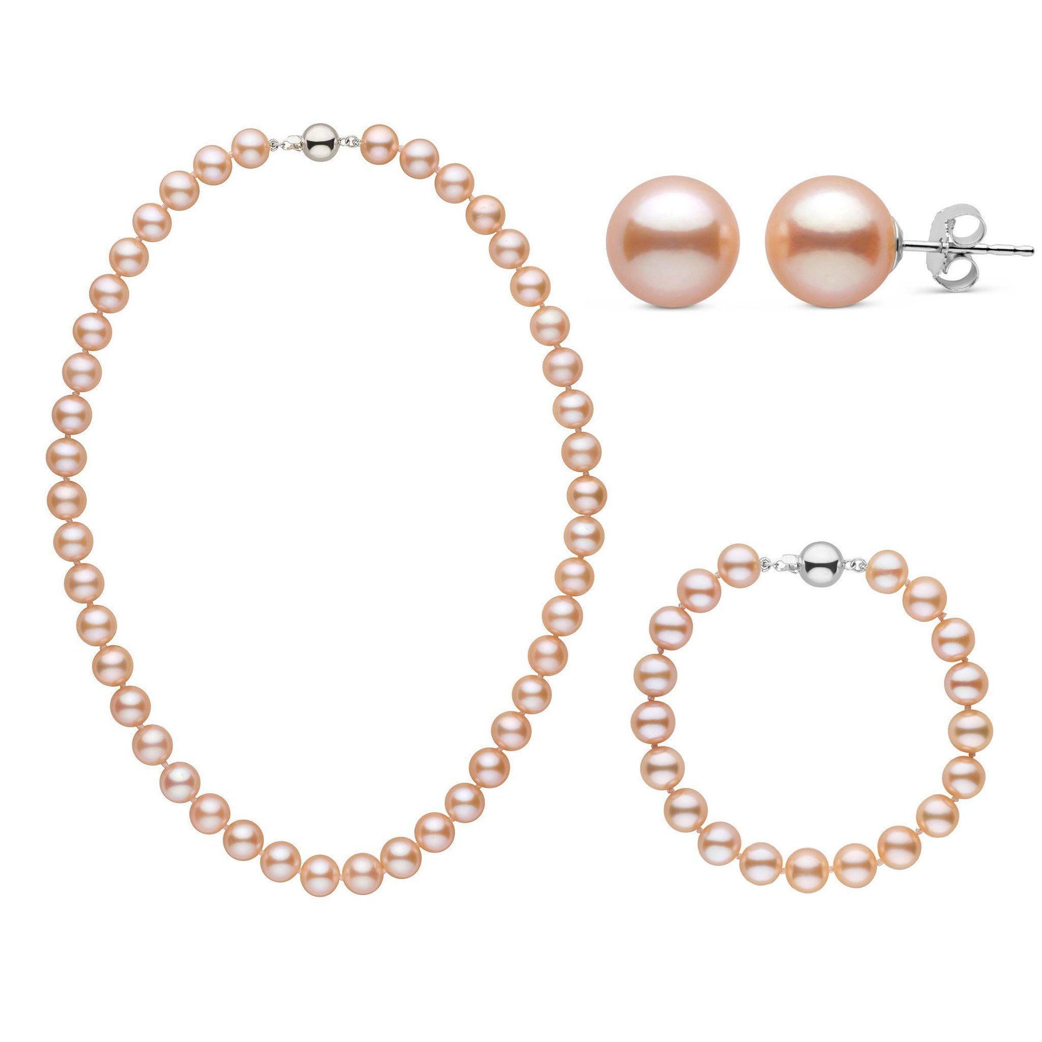 16 Inch 3 Piece Set of 8.5-9.0 mm AAA Pink Freshwater Pearls white gold