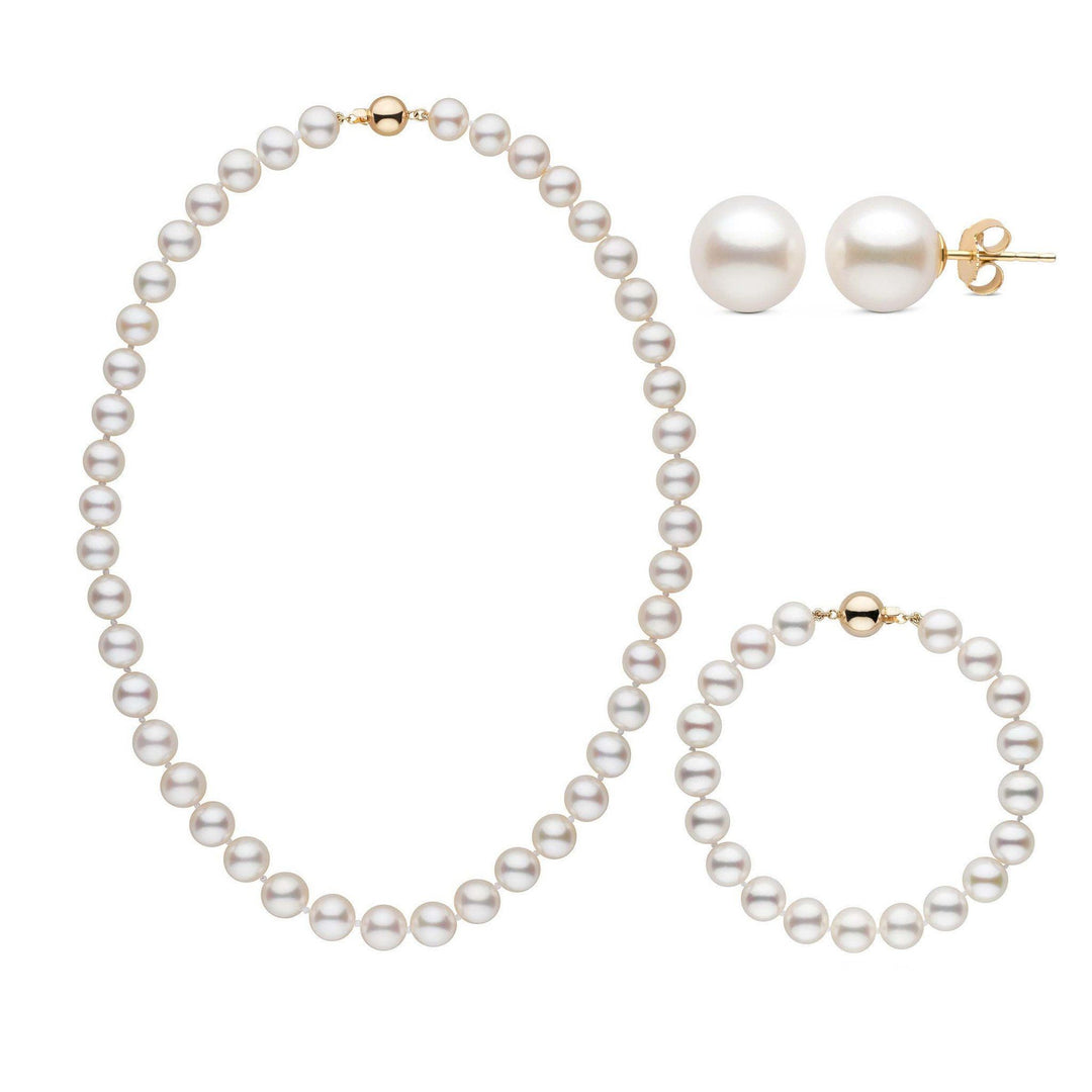 16 Inch 3 Piece Set of 8.5-9.0 mm AAA White Freshwater Pearls yellow gold