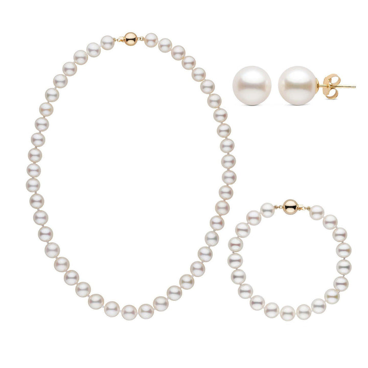 16 Inch 3 Piece Set of 8.5-9.0 mm AAA White Freshwater Pearls yellow gold