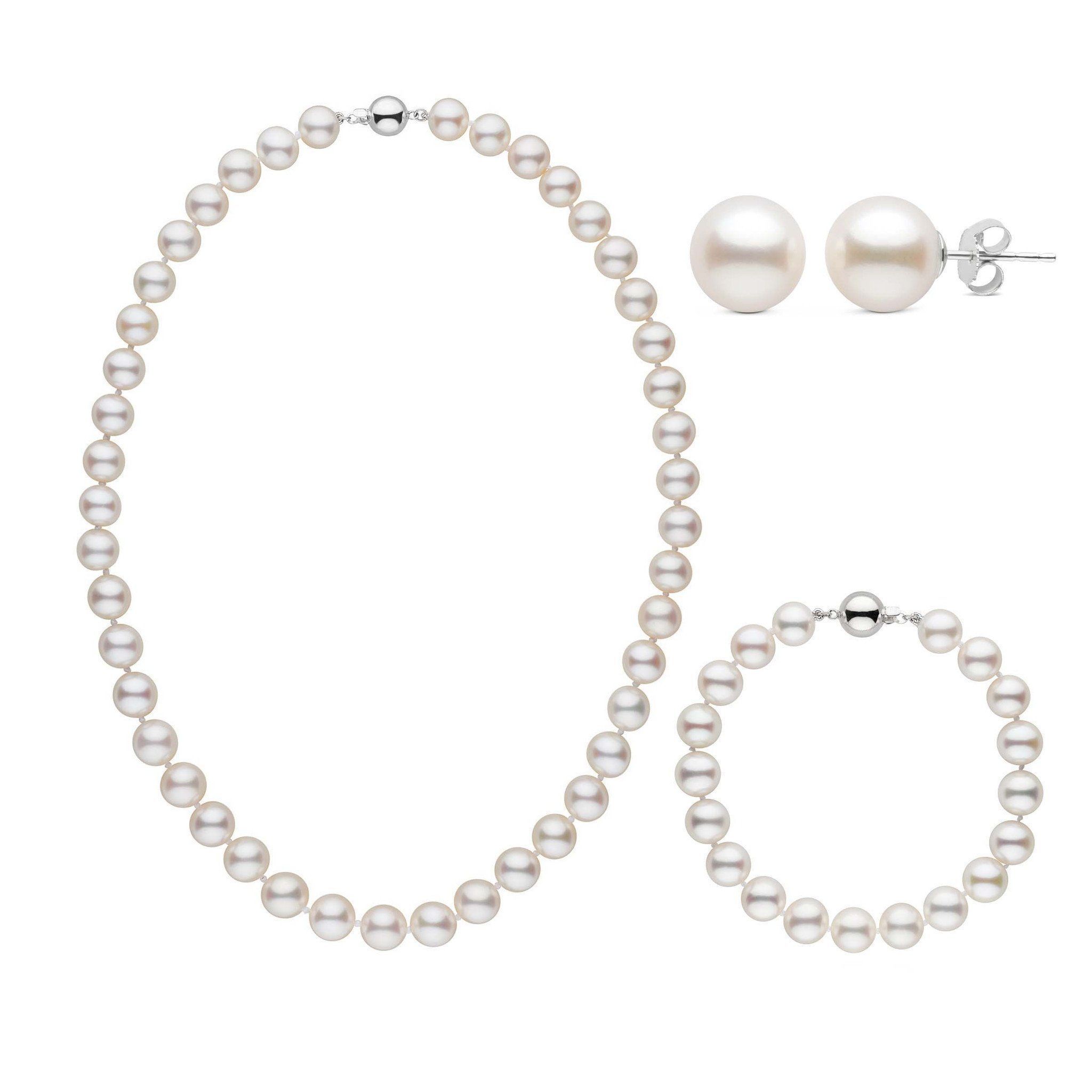 16 Inch 3 Piece Set of 8.5-9.0 mm AAA White Freshwater Pearls white gold