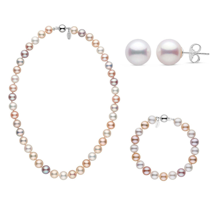 16 Inch 3 Piece 8.5-9.0 mm Freshadama Multicolor Freshwater Pearl Set white gold