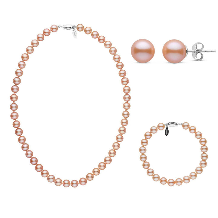 16 Inch 3 Piece 7.5-8.0 mm Pink to Peach Freshadama Freshwater Pearl Set white gold