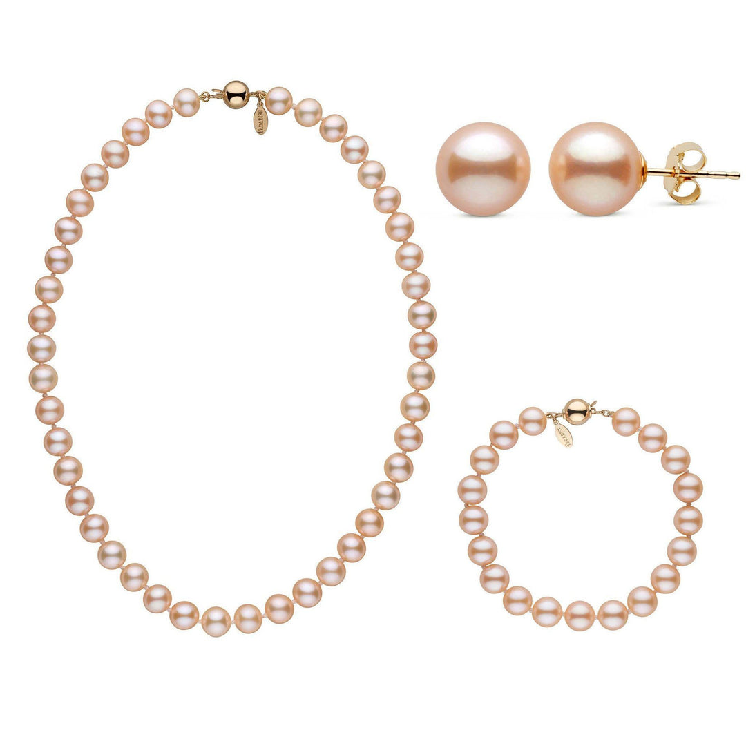 16 Inch 3 Piece 8.5-9.0 mm Pink to Peach Freshadama Freshwater Pearl Set yellow gold
