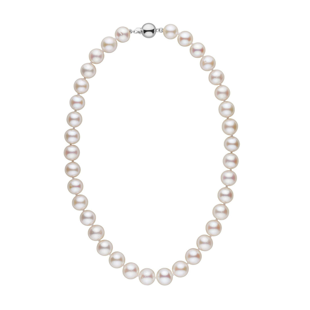 Elegant 10.5-11.5 mm AA+ White Freshwater Pearl Necklace featuring lustrous, round white pearls strung together with a secure silver clasp for a classic, timeless look.