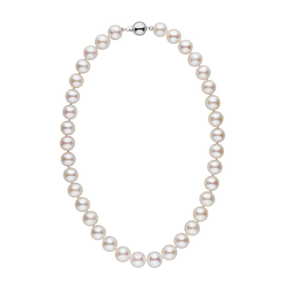 Elegant 10.5-11.5 mm AA+ White Freshwater Pearl Necklace featuring lustrous, round white pearls strung together with a secure 14K white gold clasp for a classic, timeless look.