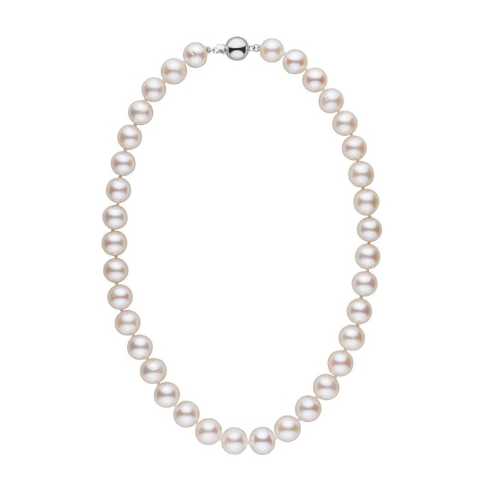 Elegant 10.5-11.5 mm AA+ White Freshwater Pearl Necklace featuring lustrous, round white pearls strung together with a secure silver clasp for a classic, timeless look.